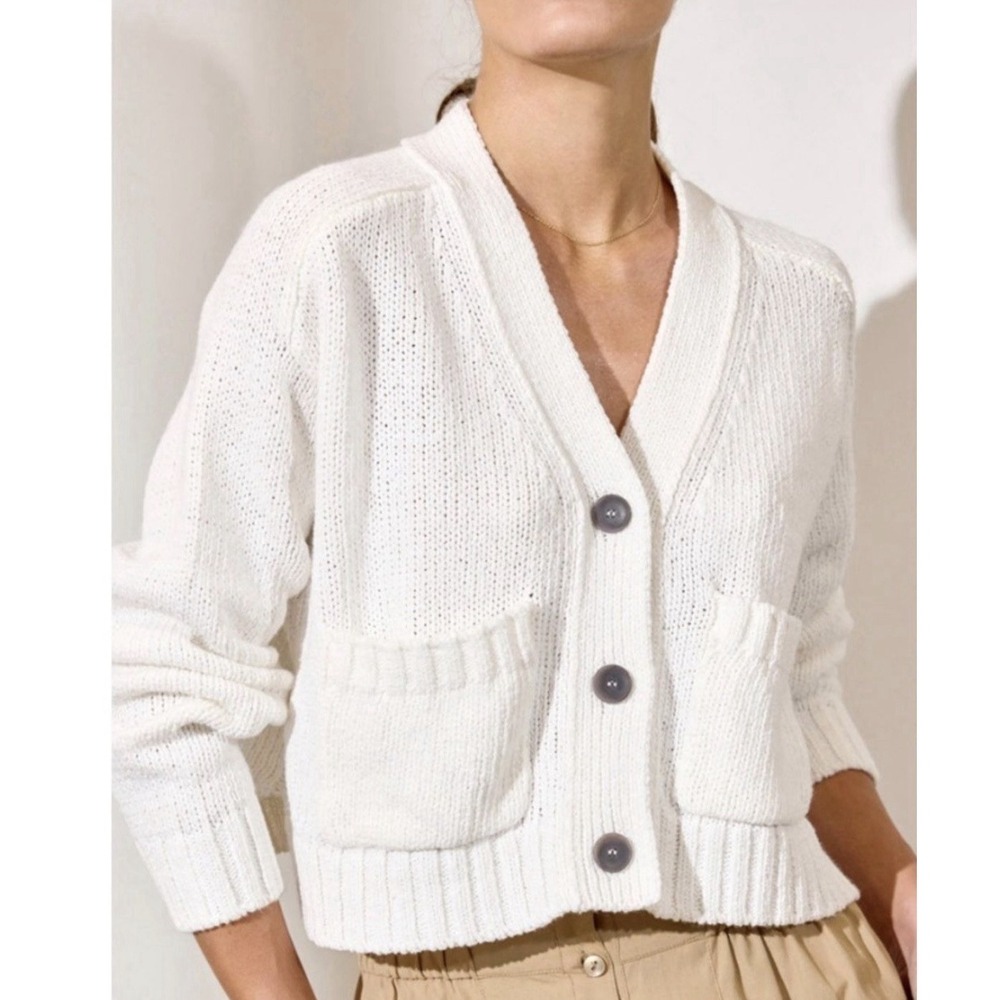 Brochu Walker M The Cropped Cardigan Cotton Linen Blnd Salt Boxy Sweater $398